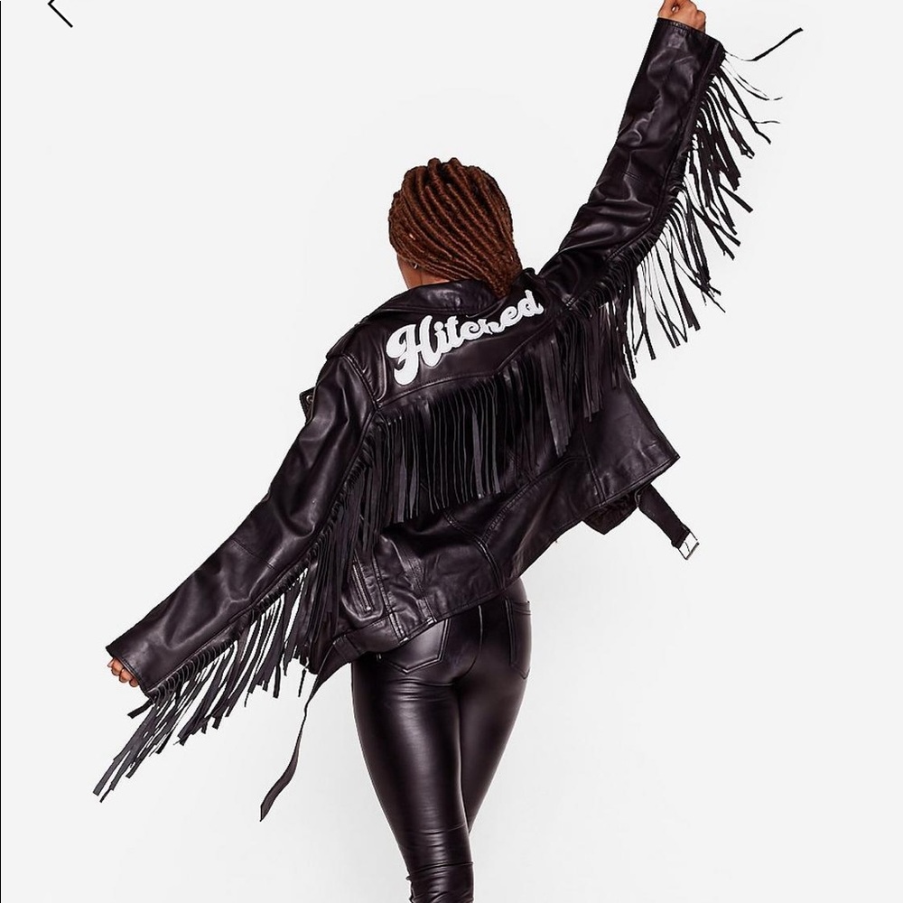 Just Hitched Graphic Real Leather Fringe Jacket by Nasty Gal